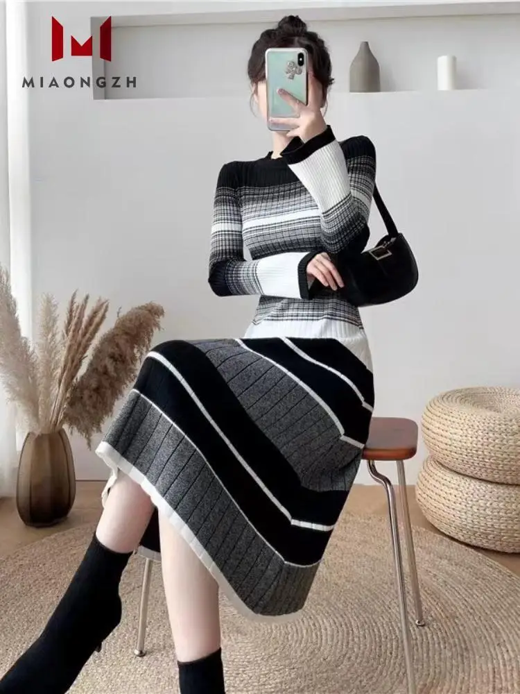 

Элегантные свободные платья популярных цветов женские мягкие Пуловеры с круглым вырезом и длинным рукавом вязаное платье 2023 для осени/зимы женская одежда