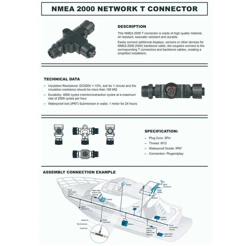 NMEA 2000 (N2k) (Tee) 3 Port 5Pin M12 Thread IP67 Waterproof  T-Connector Fit for Garmin Lowrance Simrad B&G Navico Networks