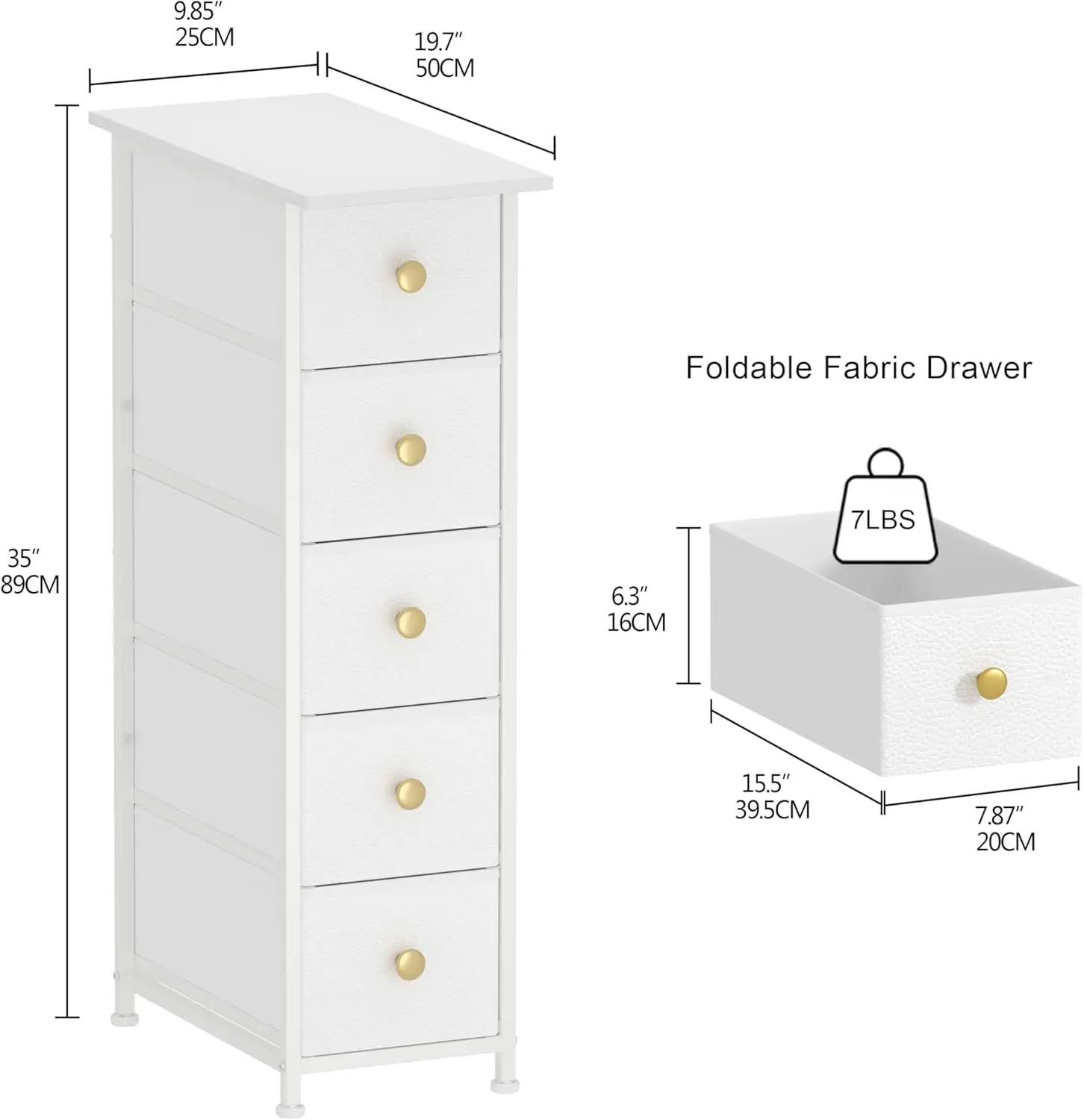 Narrow Dresser Cabinet. Slim Chest of Drawers. 5 Drawers. Fabric Unit. For Bedroom, Bathroom. White.