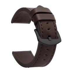 Vintage Leather Sport Watch Band with Stainless Steel Buckle - 22mm (Dark Brown Black)