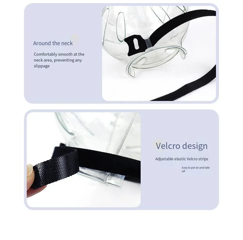 Close-up of a Cat Space Headgear featuring a smooth, comfortable neck lining and an adjustable black elastic Velcro strap for a secure, custom fit.