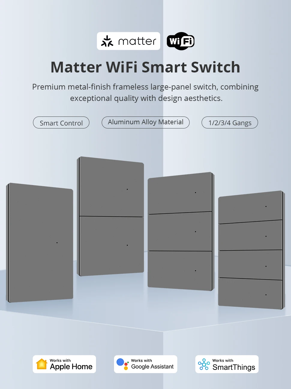 Matter WiFi Smart Wall Light Switch 1 2 3 4 Gangs with Aluminum Alloy Panel Work