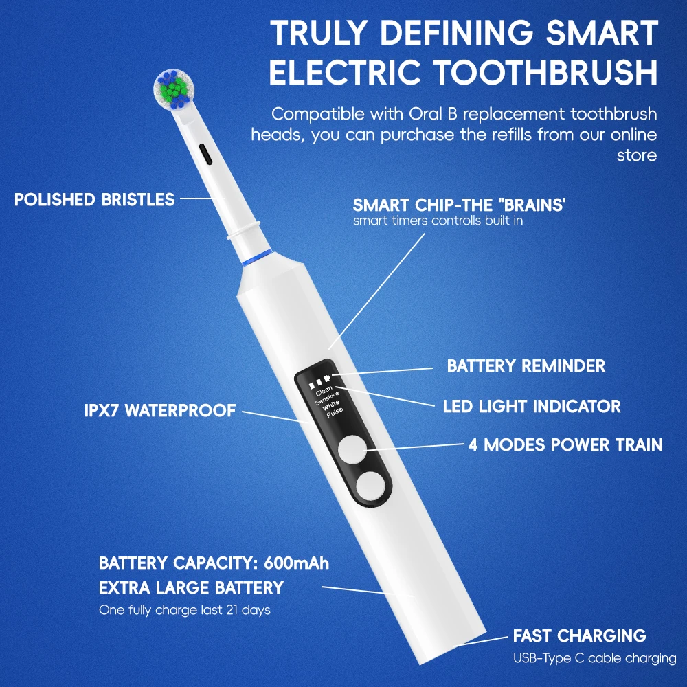 Rechargeable Electric Toothbrush with 4 Modes, Travel Case & 2 Minutes Built in Smart Timer, Compatible with Oral B Brush Heads