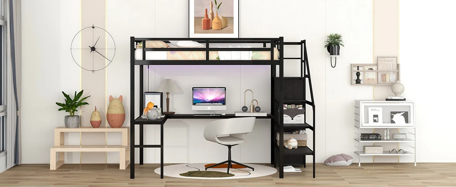 Heavy Duty Loft Bed with Stairs, Wardrobe, Adjustable Shelf and Charging Station