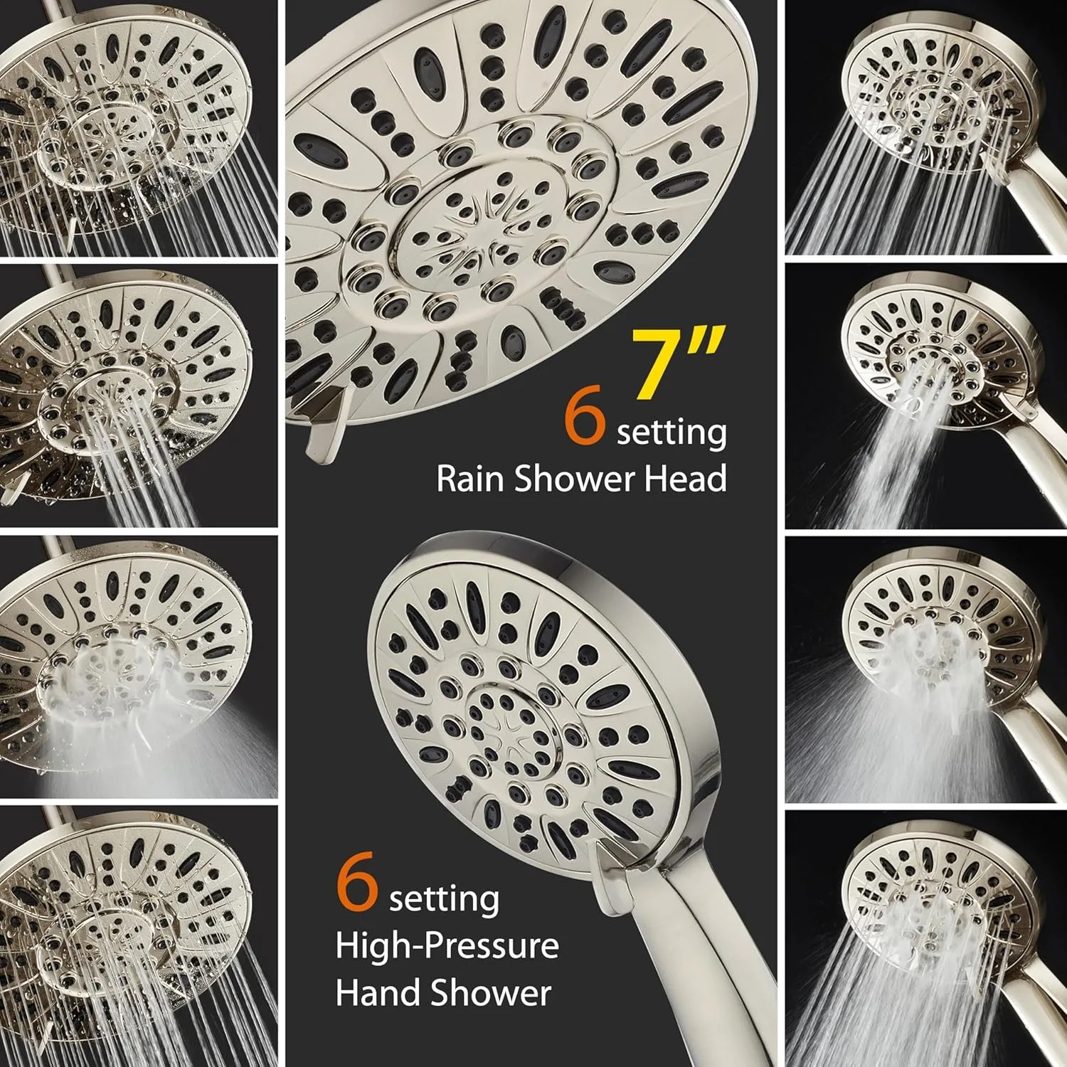 7" Premium High Pressure 3-Way Rainfall Combo for Best of Both Worlds - Enjoy Luxury 6-Setting Rain Showerhead 3