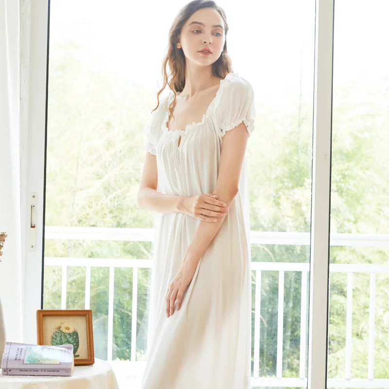 Hot Sale Womens Long White Pink Nightgown Short Sleeve Lounge Summer Nightdress Elegant Vintage Loose Sleepwear Nightwear Gown