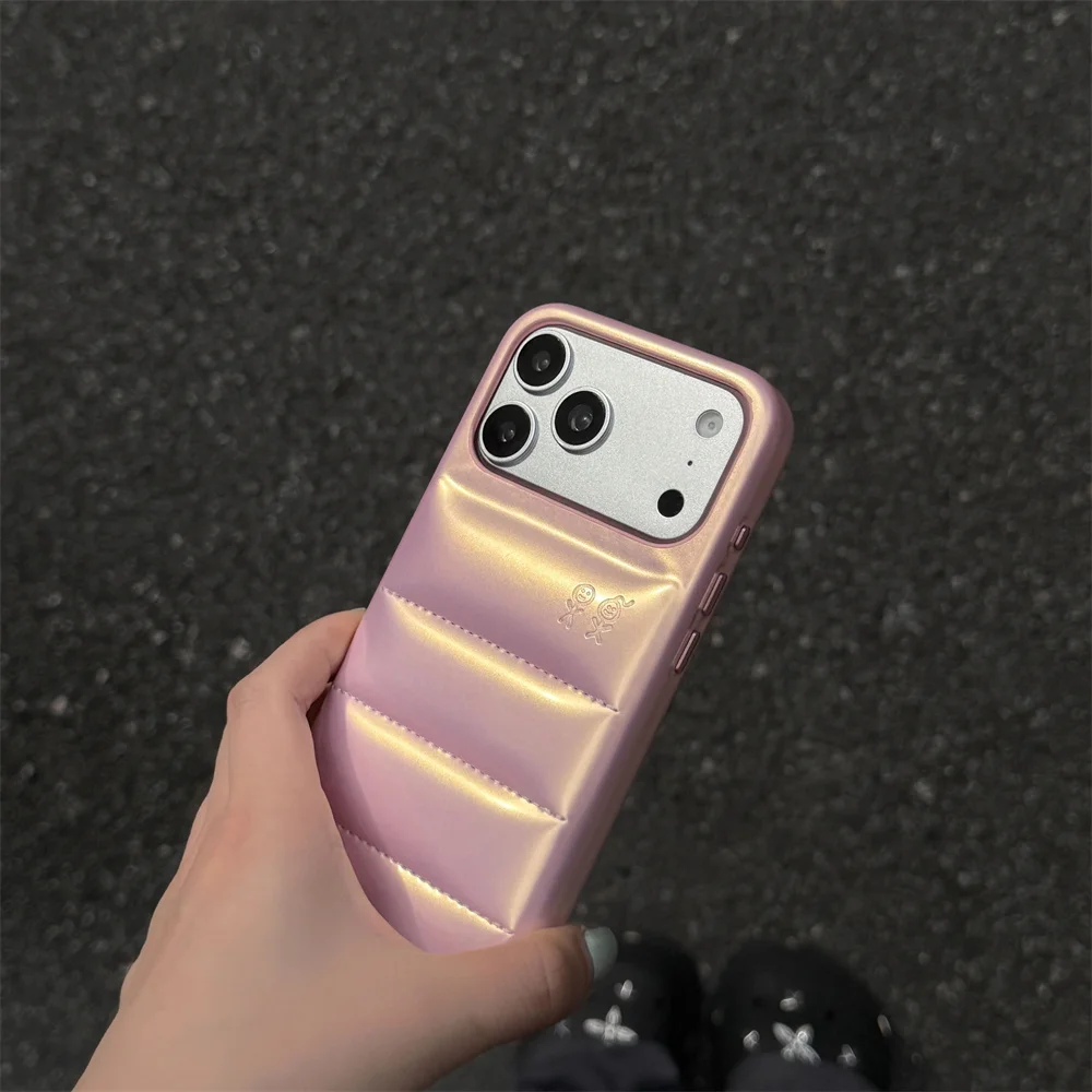 Kawaii Shiny Gradient Pink Puffer Phone Case with Little Character Glossy Anti-Drop Protection