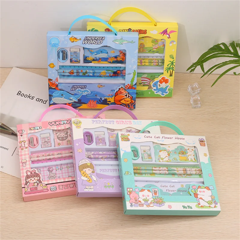1set Cartoon Pencil Eraser Ruler Pencil Sharpener Case Notebook Stationery Stationery Gift Box Classroom Teacher Rewards