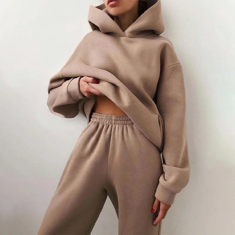 Fleece-lined Tracksuits Women Casual Hoodies Sweatpants Solid Warm Suits Autumn Winter Pullover Sweatshirts Pants 2 Piece Set multi color tang coat fleece lined warm autumn and winter hanfu round neck gown coat