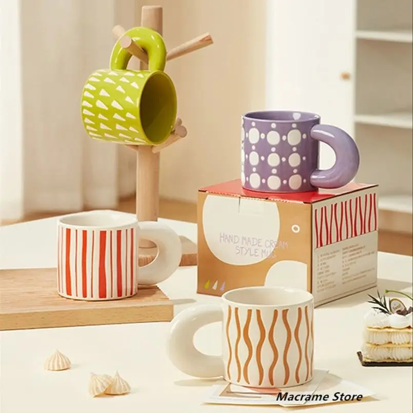

Nordic Style Ins Popular Cream Mug Cute Creative Geometric Striped Ceramic Water Cup Simple Coffee Dessert Cup with Handle