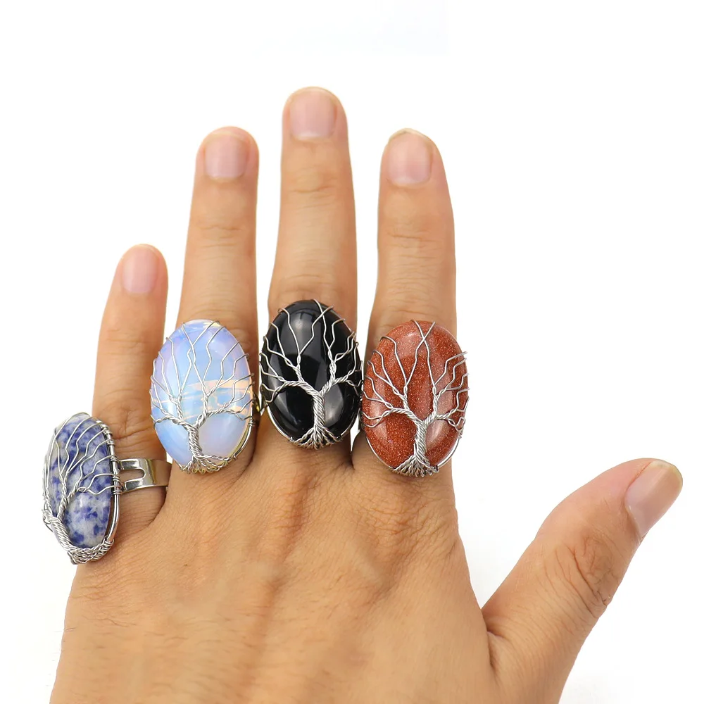 

Handmade Copper Wire Wrapped Oval Reiki Mineral Crystal Tree Of Life Ring For Women With Adjustable Opening Ring R16