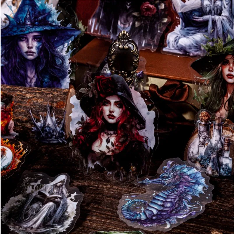 20Pcs Retro Story Gothic Witch Stickers For Junk Journal Handmade Supplies Scrapbooking Decoration PET Waterproof Dark Sticker