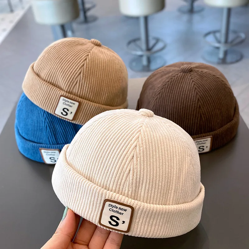 Vintage Corduroy Baby Brimless Hat Solid Color Letter Kids Docker Cap Spring Autumn Hip Hop Adjustable Boys Girls Dome Beanie