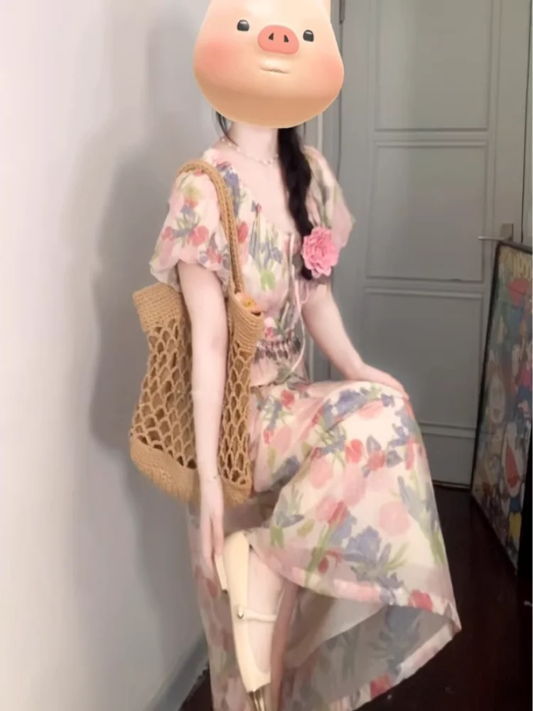 

Женское свободное платье с коротким рукавом, длинное ТРАПЕЦИЕВИДНОЕ ПЛАТЬЕ с цветочным принтом во французском стиле и V-образным вырезом, X370, лето 2024