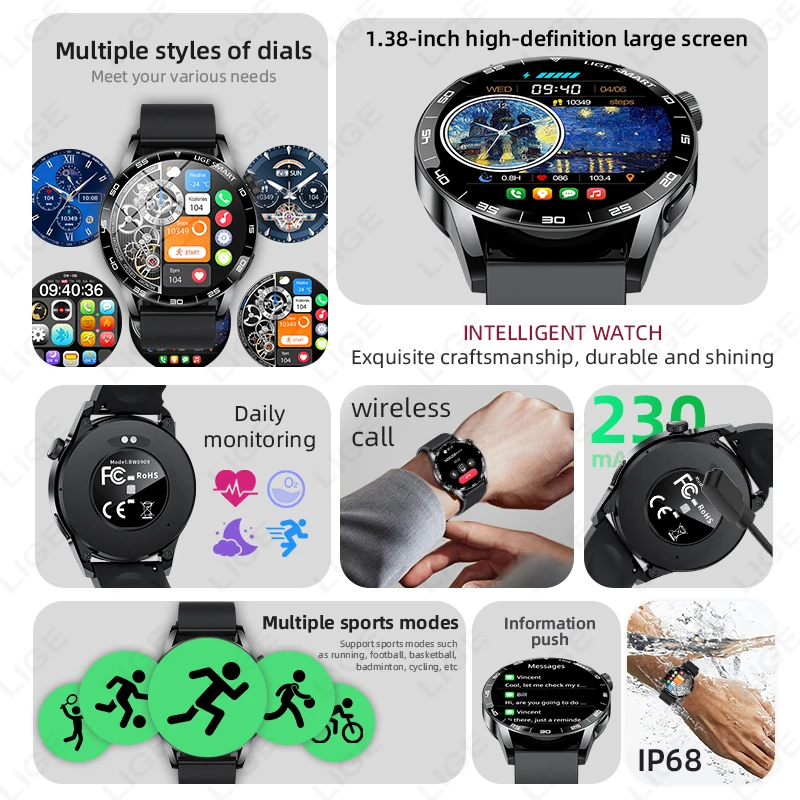 LIGE New 1.38" HD Voice Calling Smart Watch Men Hear Rate Health Monitor Sports Fitness Watches Women Smartwatch For Android iOS