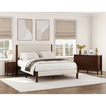 Modern minimalist style Bedroom Sets Upholestery Frame Queen Platform Bed,with Two Nightstands. 2
