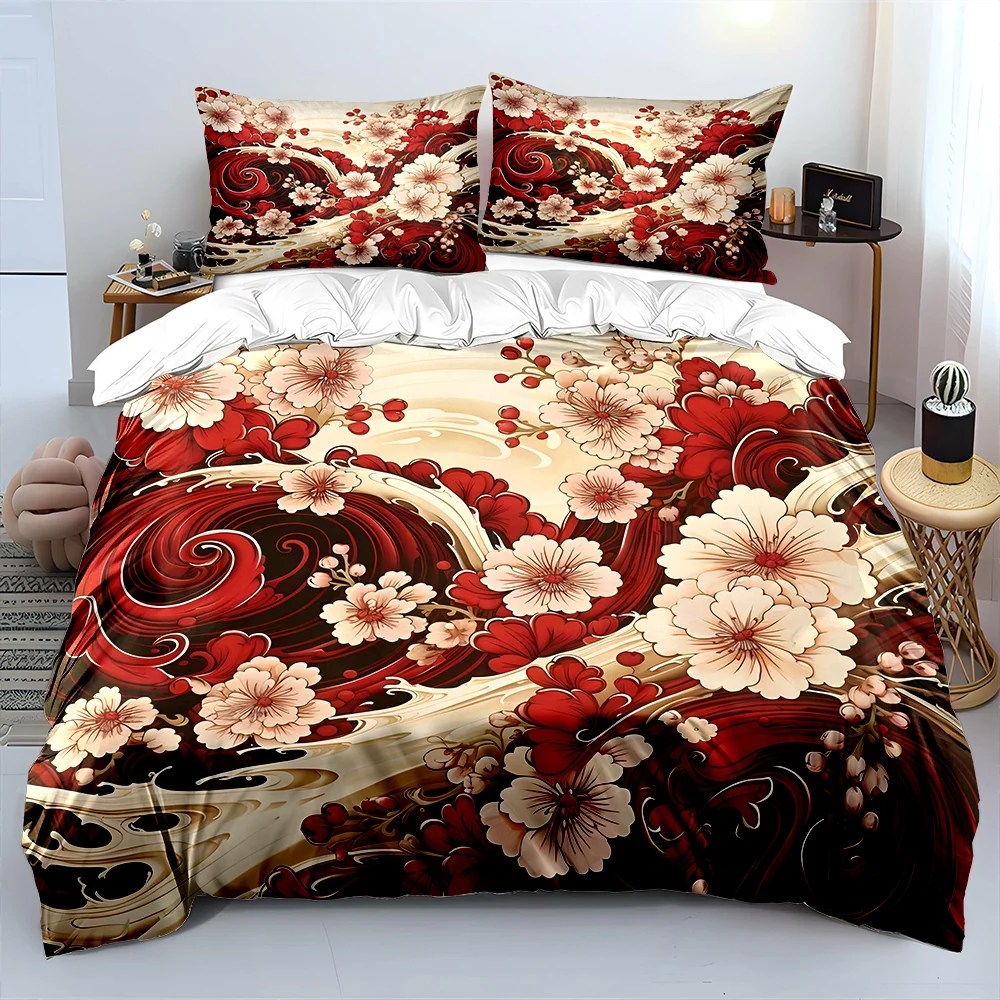Flowing Red and White Floral Art Bedding Set for Kids Luxury Gift 3pcs Digital Print Comforter Set Soft Comfortable Breathable 3