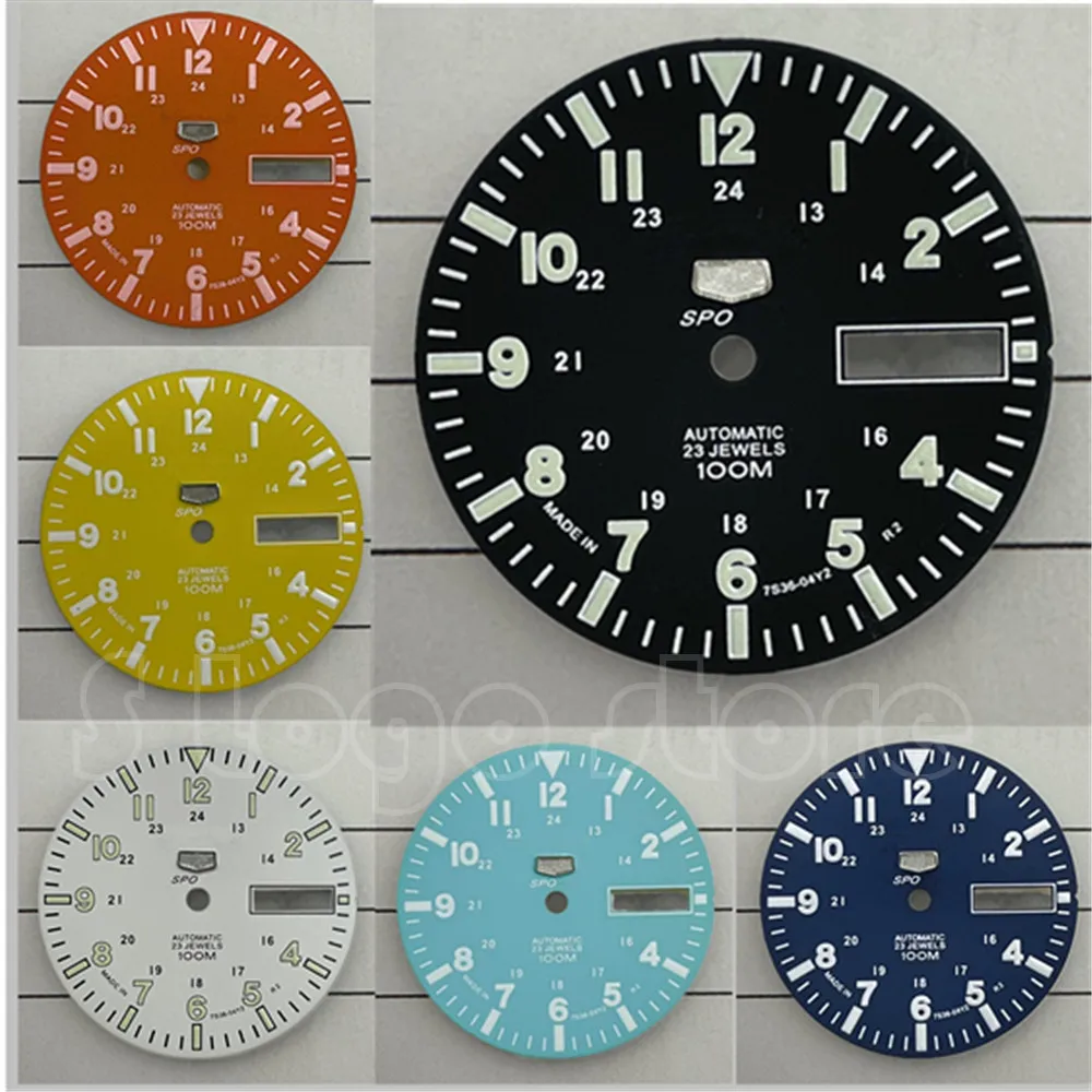 

Зеленый светящийся циферблат NH35 для S 5, циферблат в стиле ретро, механическая поверхность для дайвинга, циферблат с 5 циферблатами для движения NH36, двойной календарь