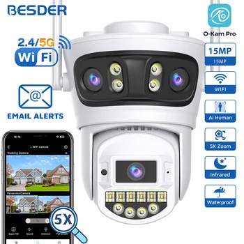 BESDER 15MP PTZ IP Camera Wifi Three Screen 180° Wide Angle Outdoor Auto Tracking 9MP Security Protection O-Kam Pro 1