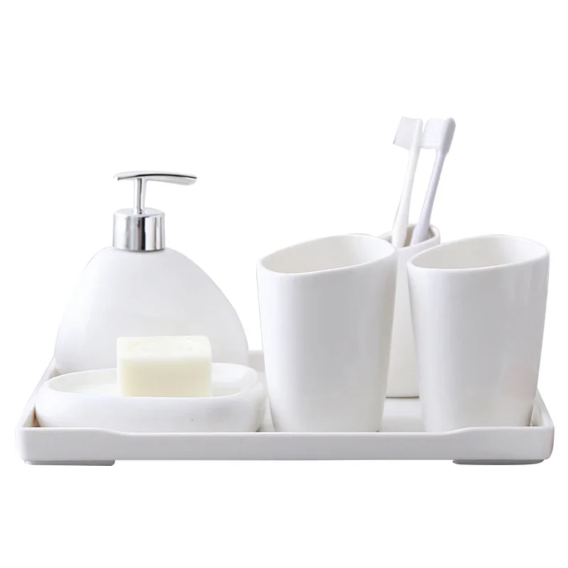 White Ceramic Bathroom Accessories Set Toothbrush Holder Soap Dispenser Wedding Gift Melamine tray Toothpick Holder Cotton Swab