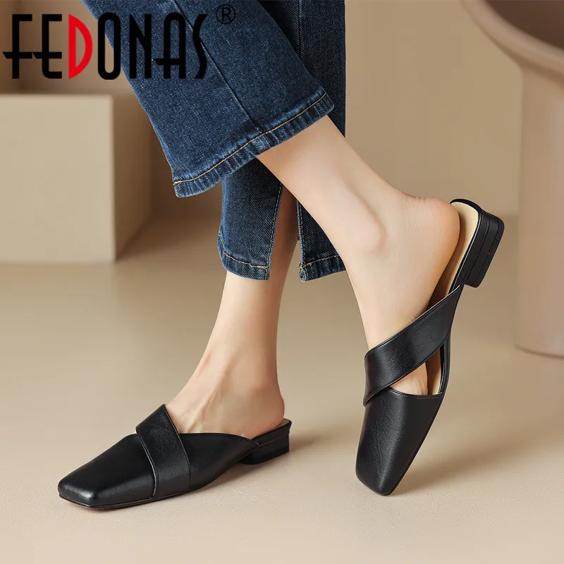 

FEDONAS Classic Retro Women Pumps Square Toe Low Heels Mules Slippers Genuine Leather Casual Spring Summer Sandals Shoes Woman