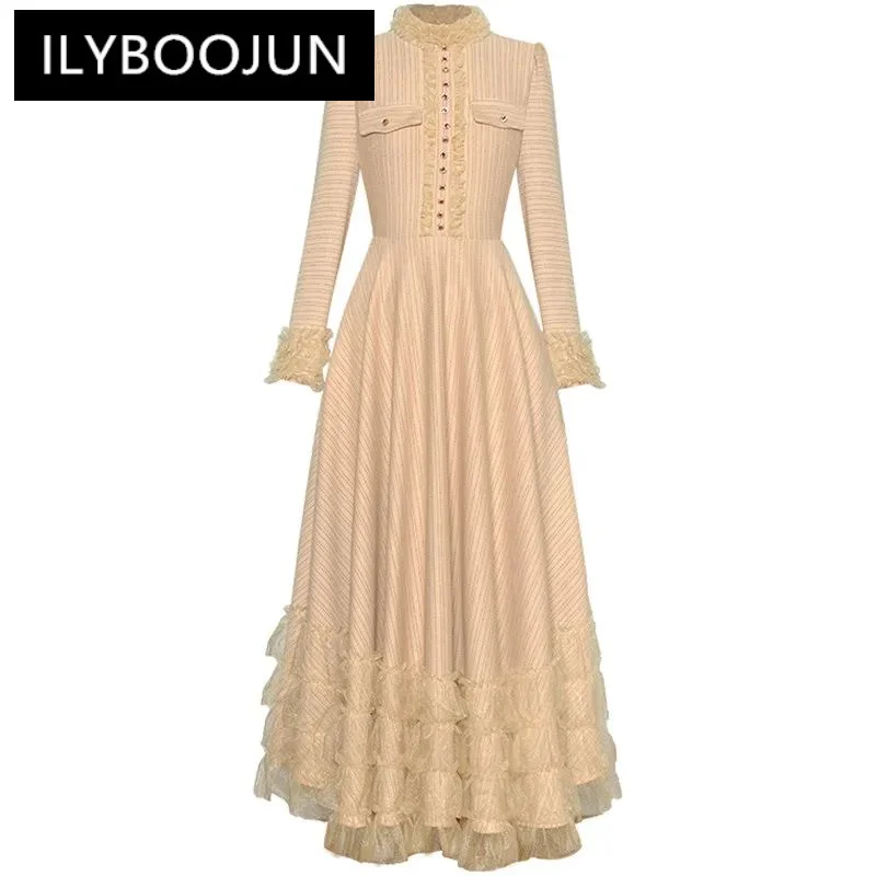 

ILYBOOJUN Fashion Runway Beige Vintage Dress Women Stand Collar Long Sleeve Button Mesh Ruffles High Waist Slim Long Dress