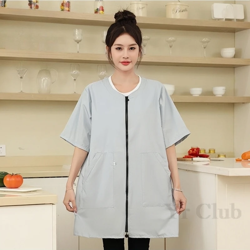 Short Sleeved Kitchen Women's Waterproof And Oil Resistant Kitchen And Home Coat Work Clothes  Pet Clothing Two Way Zipper Apron 5