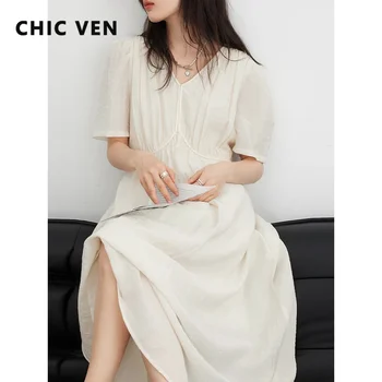 CHIC VEN Fashion Women Dresses Vintage V-neck Puff Sleeve Long Dress Solid White Loose Female Clothing Summer New 2026 1