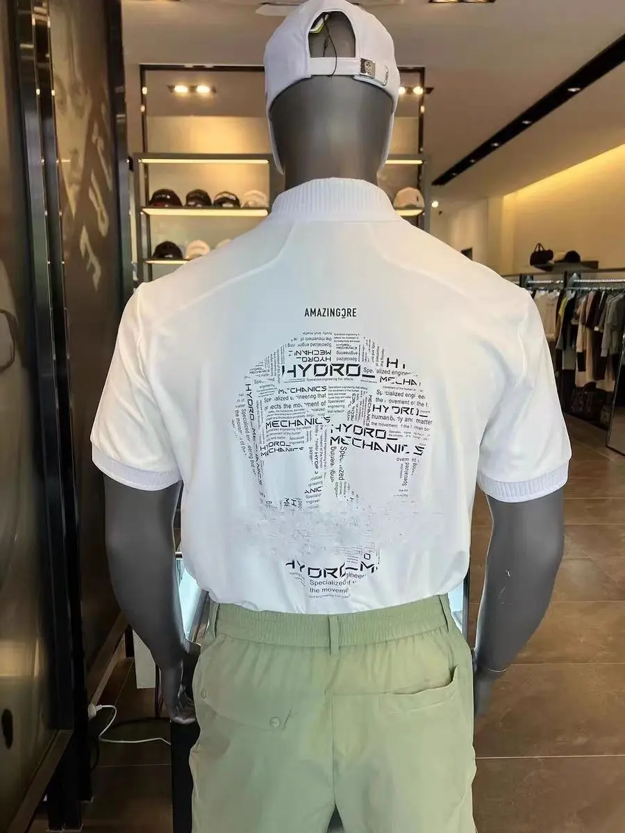 AMAZINGCRE New Men's Golf Clothing Fashion Versatile Simple Printed Breathable Lapel Short Sleeve Top