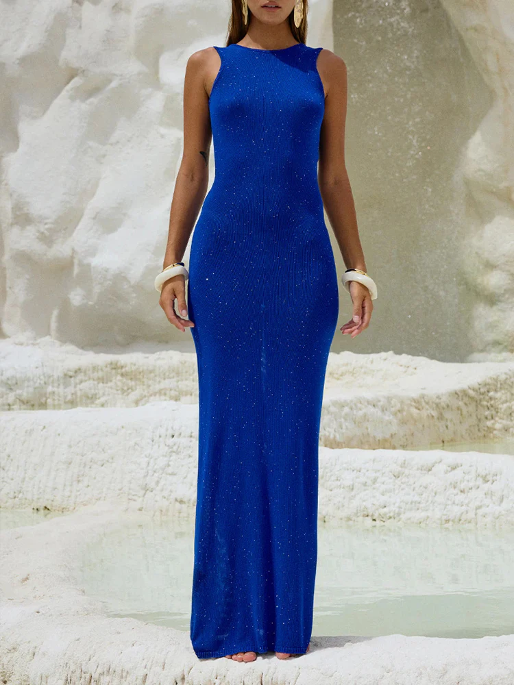 Sexy Glitter Backless Knitwear Tank Dress Sleeveless Slim Fishtail Dresses 2025 Women's Party Evening Vestidos Maxi Dress 4