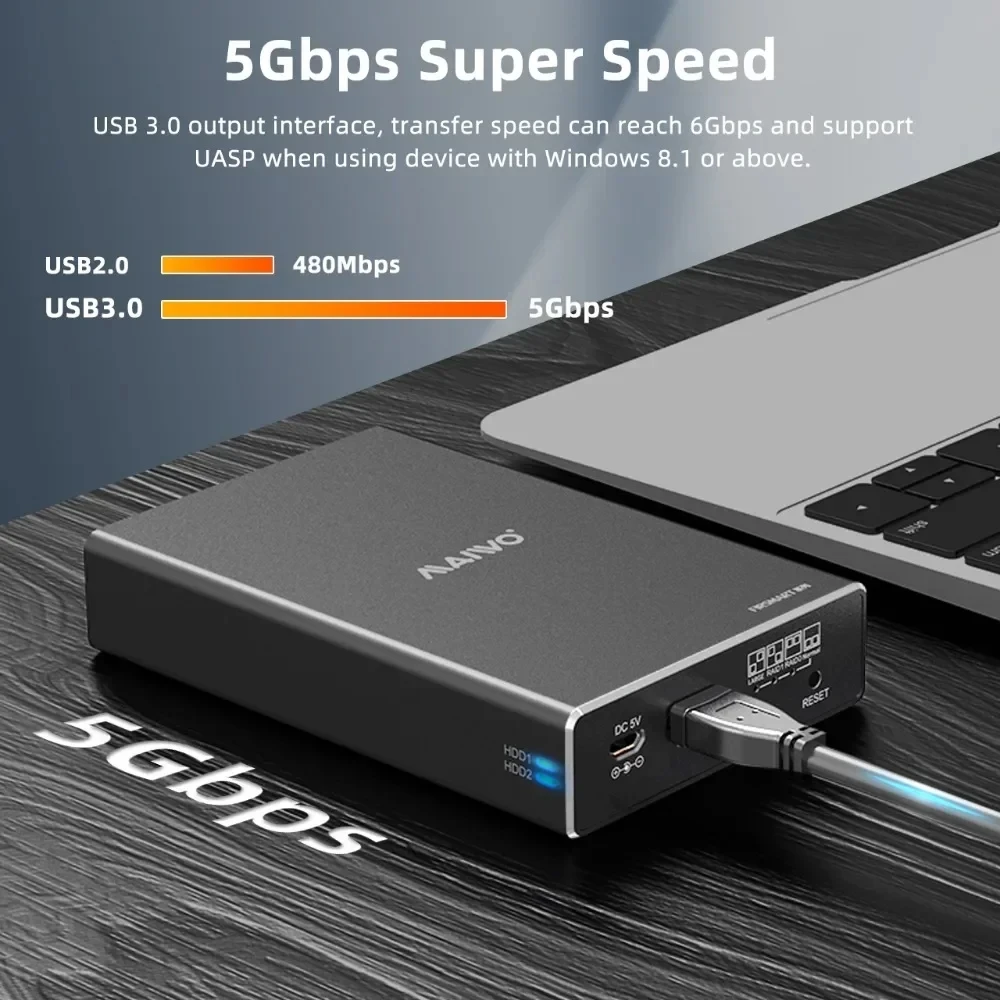 MAIWO 듀얼 베이 2.5인치 SATA SSD/HDD RAID 인클로저 케이스 (4개의 RAID 기능 포함, 2.5인치 SSD HDD 박스 하드 디스크 어레이 박스용)