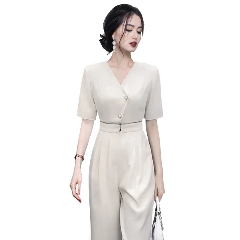 2023 Summer Elegant Office Casual Rompers Womens Jumpsuits Short Sleeve V Neck Zipper Sexy Jumpsuit Fashion Outweaer Clothes