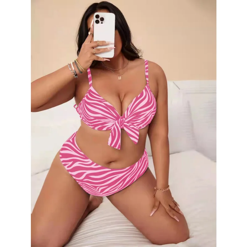 Women Plus Size Swimwear Striped Print Bow Tie Separate Bikini Two Piece Set Bathing Suit Swimwear Large Size Beachwear 0XL-4XL