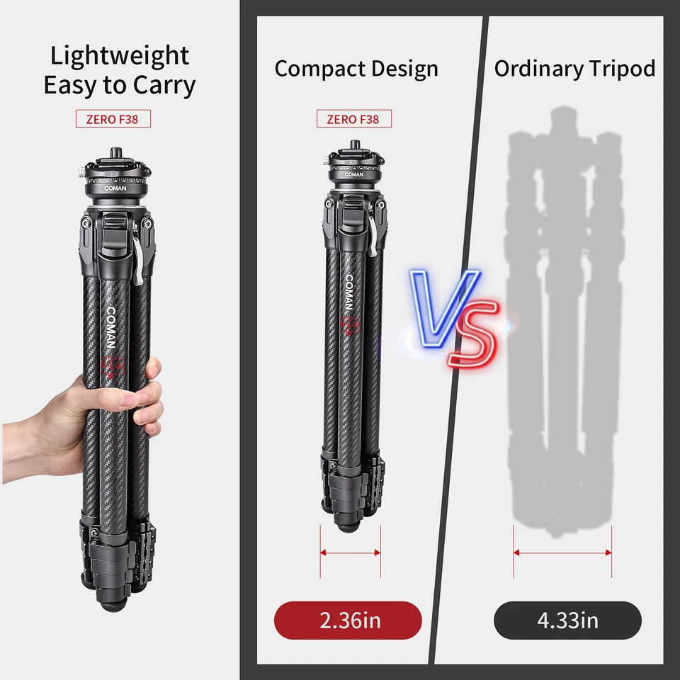 Trípode de viaje ligero y compacto COMAN Zero de fibra de carbono con placa de liberación rápida F38 para fotografía con cámara DSLR_voghion.com
