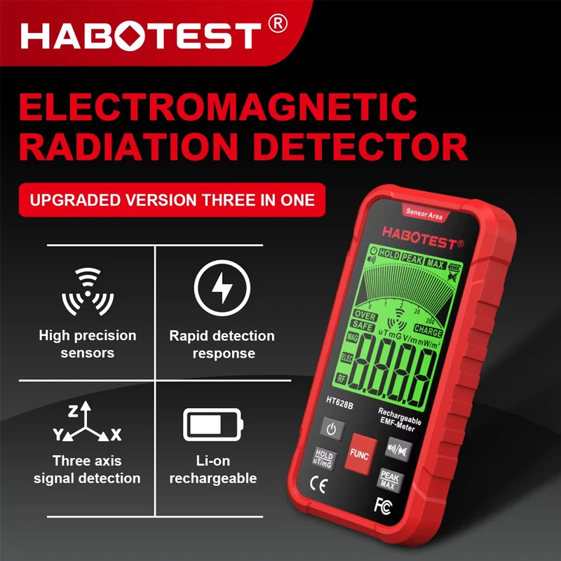 HABOTEST HT628 EMF Meter Electromagnetic Radiation Tester Electric Field Magnetic Field RF Radiation Radio Frequency Detector