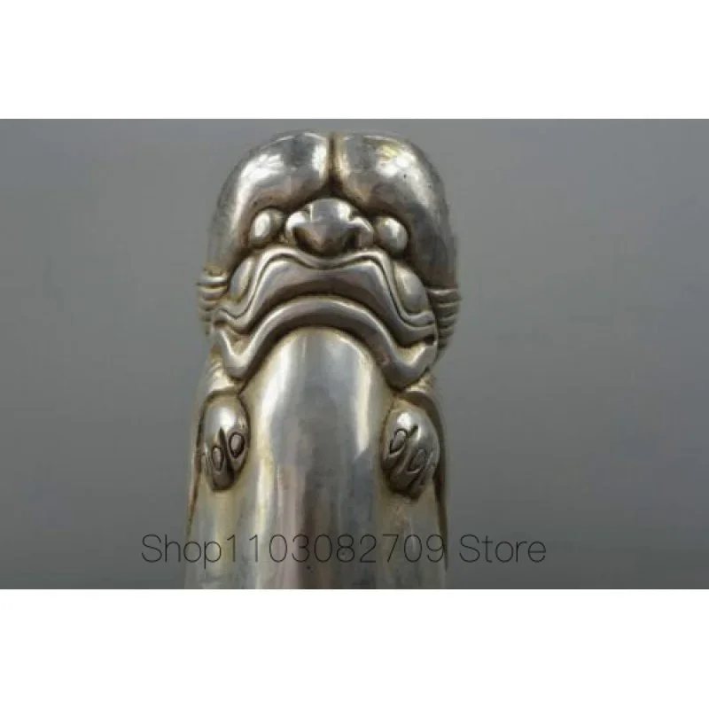 Tibet silver man guard Foo Dog Lion male Carved Penis God Collect Statue Figure 6