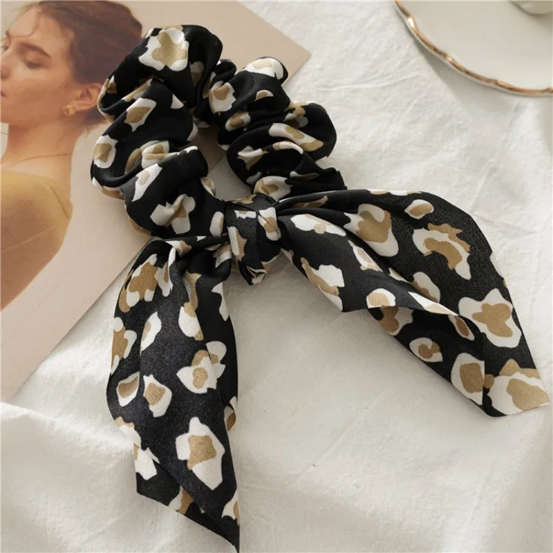 레오파드 프린트 스크런치 스테인 보우낫 헤어 타이 로프 여성 소녀 포니테일 홀더 탄성 고무줄 헤어 스타일링 액세서리