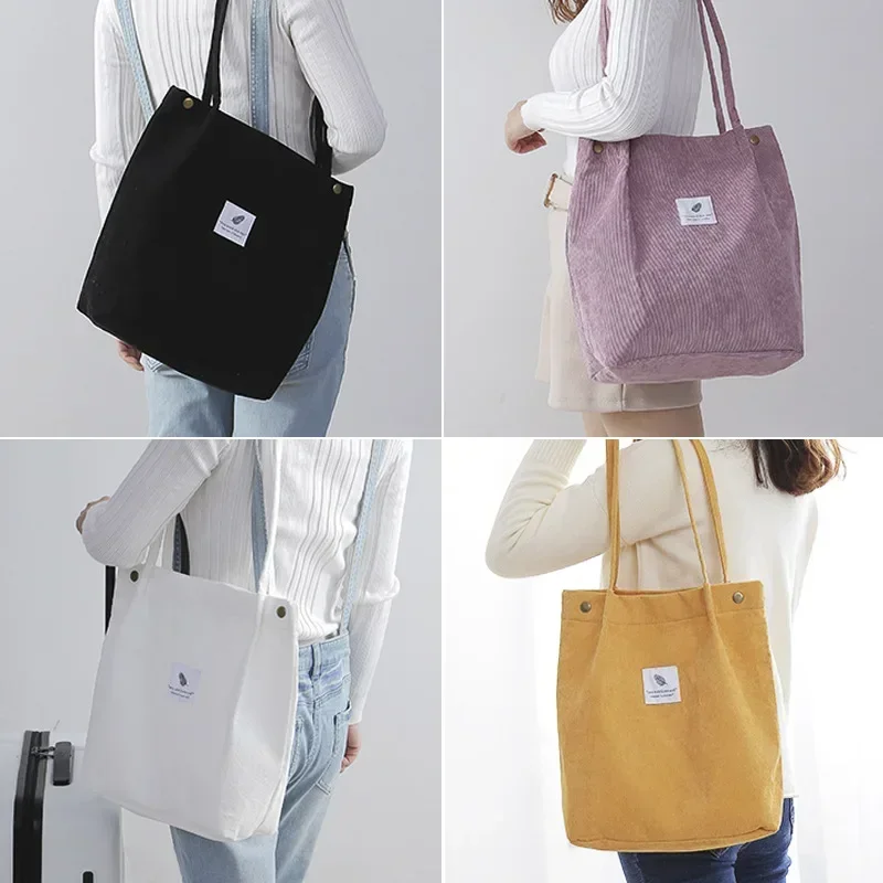 Borsa Tote In Velluto A Coste Donna - Piccola Borsa A Tracolla Con Tasca Interna - Shopping E Viaggi - 5