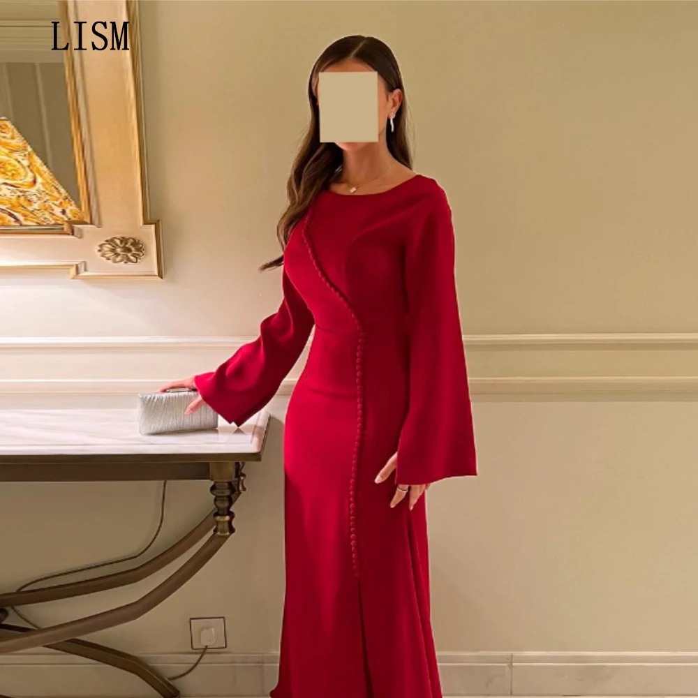 

LISM Red Ankle Length Luxurious Gala Dress Button Side Slit Arabic Evening Prom Gowns with Long Sleeves Plus Size Custom Made