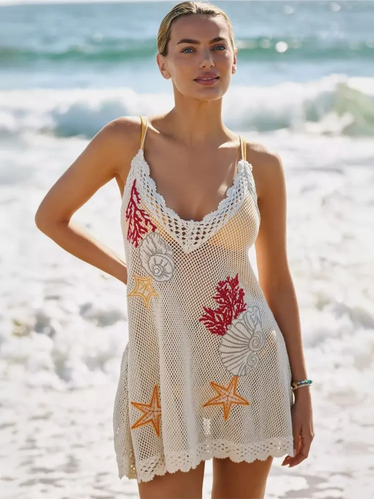 Sexy Women Knit Beach Dress Hollow-Out V-Neck Sleeveless Bikini Cover-Ups Dress Holiday Dress 2026 Summer Swimwear Beach 1