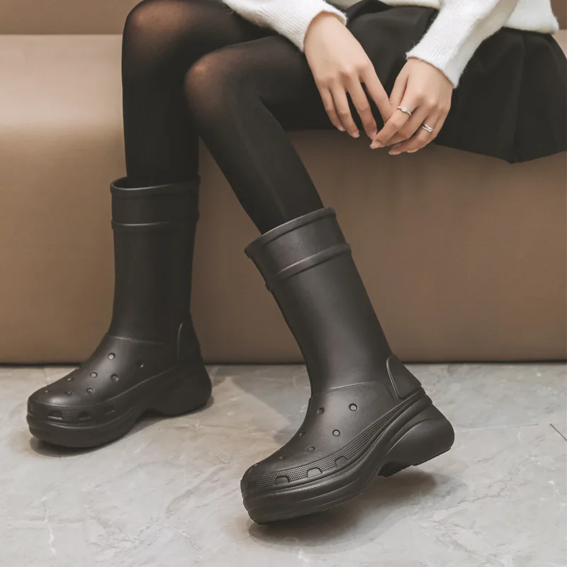 

New Chunky Rain Shoes for Women Rubber Waterproof Rain Boots Round Toe Slip-on Long Boots Platform Rainboots