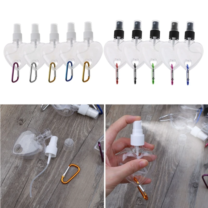 

5Pcs/lot 50ml Reusable Portable Heart Spray Bottle Hand Sanitizer Travel Small Size Mister Bottle Holder Keychain Carriers
