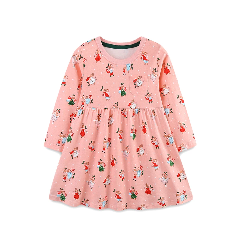 Christmas autumn childrens skirts Europe and America Christmas tree printed girls long sleeved dresses knitted cotton round ne