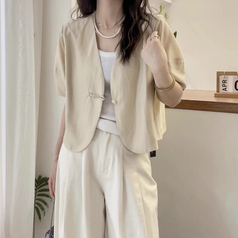 유행 우아한 다목적 캐주얼 카디건 탑 여성 짧은 소매 여름 겉옷 새로운 중국 스타일 디스크 버튼 자켓