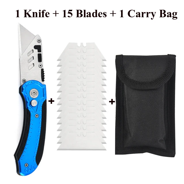 Folding Utility Knife, SK5 Heavy Duty Retractable and Folding Box Cutter  for Cartons Cardboard and Boxes, Quick Blade Change Box Cutter, Anti-slip  Metal Body, with Safety Lock and 5 Extra Blades 