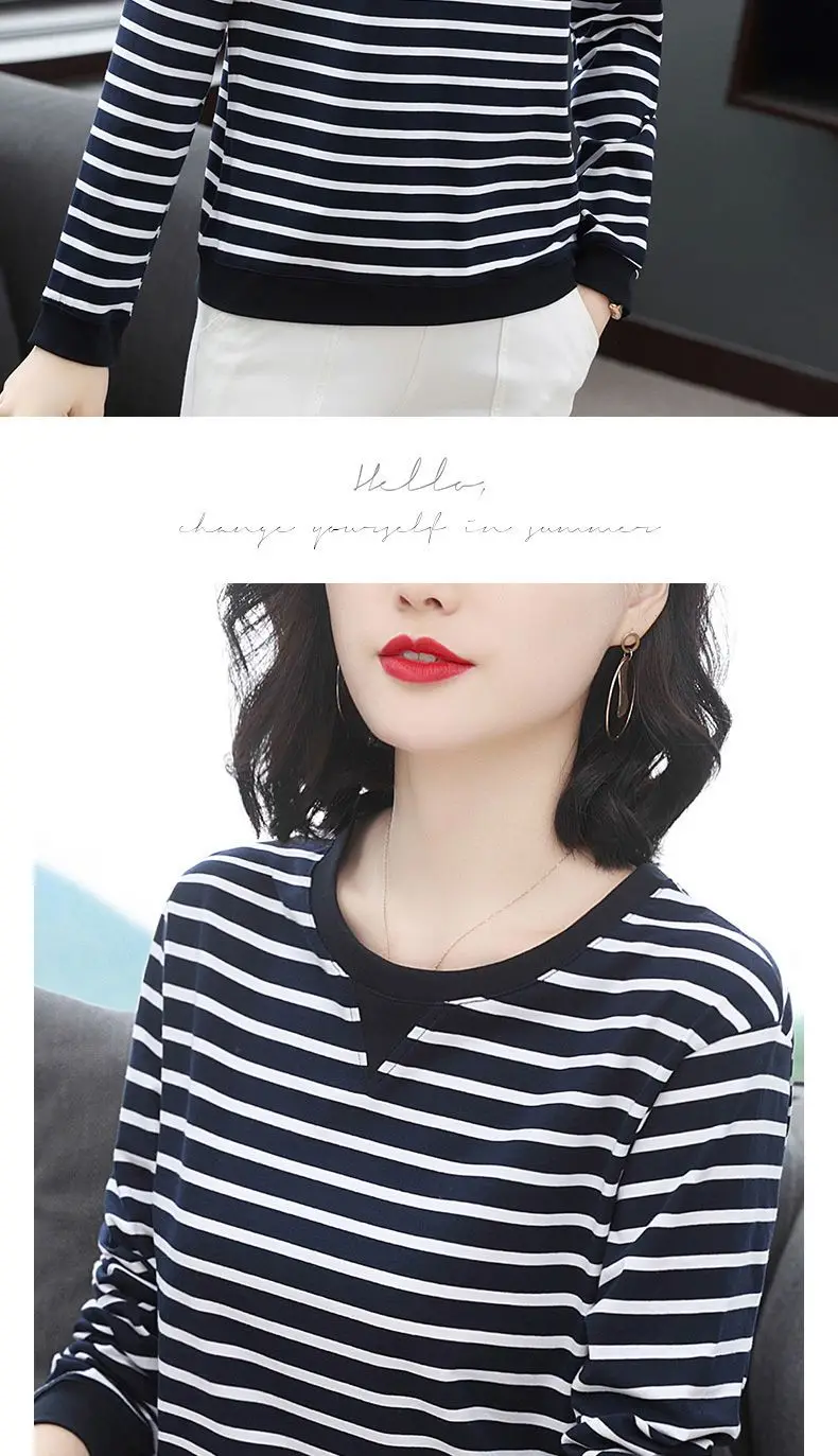 Reine Baumwolle T-shirt frauen Lange ärmeln 2025, Herbst Neue Gestreiften Lose frauen Tops Beiläufige Lose Vielseitig Pullover – Detail 6