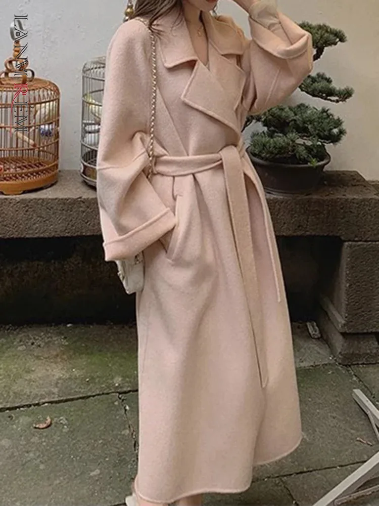 

LANMREM Wool Winter Mid Length Coat Women Fashion Notched Collar Belt Gathered Waist Solid Color Clothing 2023 New 2AA4049