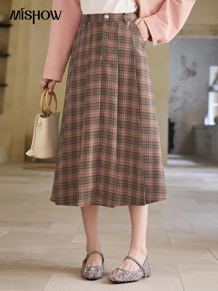 MISHOW Plaid Mid Length Skirt for Women Vintage High Waist A-line Pleated Fashion Skirts 2024 Spring Woman Clothing MXD14B0239