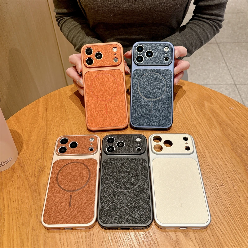 Magnetic Wireless Charging Case For Iphone Pro Max With Lychee Leather Texture And Shockproof Protection_voghion.com