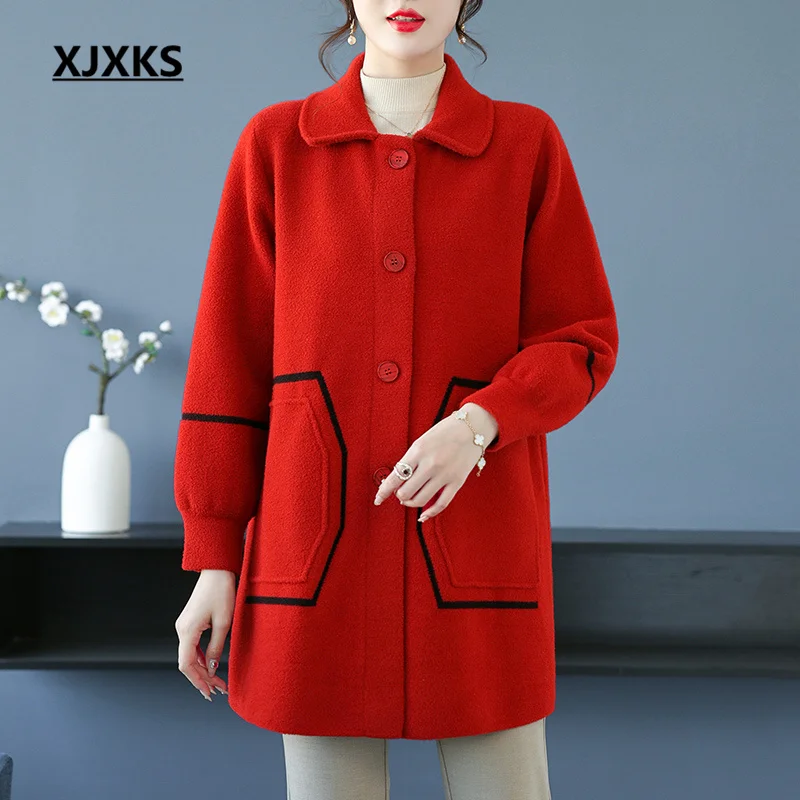 

XJXKS 2022 New Women's Winter Coat Solid Color Lapel Long-sleeved Single-breasted Cardigan Warm Tweed Jacket Christmas Red